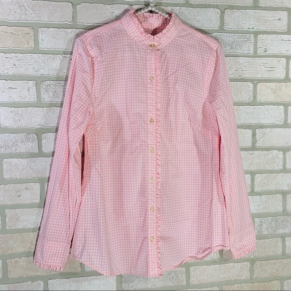 Vineyard Vines Pink Gingham Ruffle Front Long Sleeve Button Down Shirt Size 8 - Picture 2 of 8